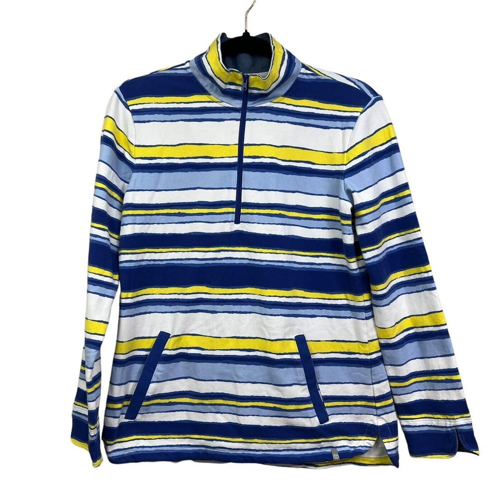 T by Talbots Women Quarter Zip Sweater Striped Mock Neck Blue White Yellow Sz S*